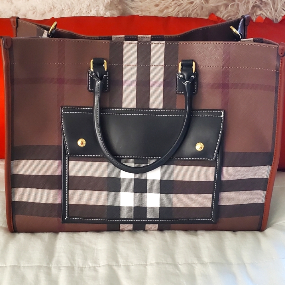 Tan and brown plaid tote